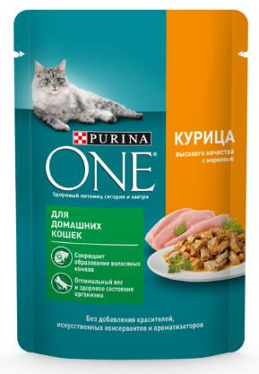 Purina ONE влажный корм для домашних кошек Курица+Морковь 75гр пауч
