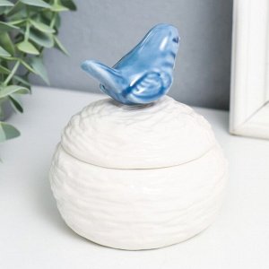 Шкатулка керамика &quot;Синяя птичка на гнезде&quot; белая 9х9х10 см