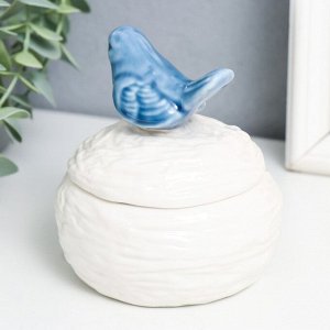 Шкатулка керамика "Синяя птичка на гнезде" белая 9х9х10 см