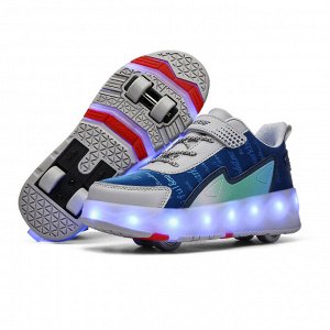 Подростковые кроссовки из экокожи, с роликами и подсветкой, на шнурках и липучке, цвет синий