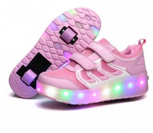 Подростковые кроссовки из экокожи, с сетчатыми вставками, роликами и подсветкой, на липучках, цвет розовый
