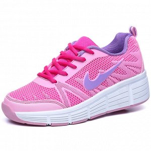 Подростковые кроссовки с роликами, на шнурках, цвет розовый/белый