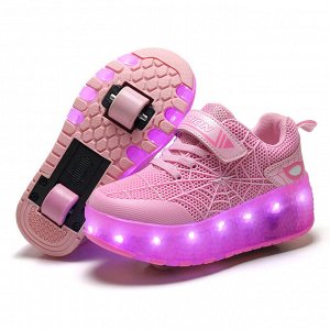 Подростковые перфорированные кроссовки с роликами и подсветкой, на шнурках и липучке, цвет розовый