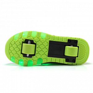 Подростковые перфорированные кроссовки с роликами и подсветкой, на шнурках и липучке, цвет чёрный/зелёный