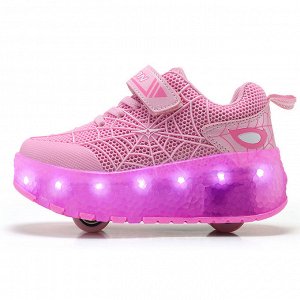 Подростковые перфорированные кроссовки с роликами и подсветкой, на шнурках и липучке, цвет розовый