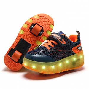 Подростковые перфорированные кроссовки с роликами и подсветкой, на шнурках и липучке, цвет чёрный/оранжевый