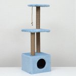 Домик для кошек с двумя полками и ковролином, джут, 37 х 37 х 111 см, голубой