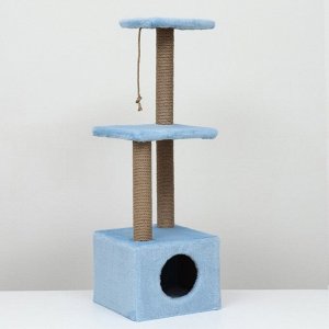 Домик для кошек с двумя полками и ковролином, джут, 37 х 37 х 111 см, голубой