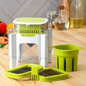 Овощерезка универсальная с контейнером Доляна Fresh Cook, 3 сменные насадки и пушер, 14.5x14.5x21 см, бело-зелёная