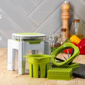 Овощерезка универсальная с контейнером Доляна Fresh Cook, 3 сменные насадки и пушер, 14.5x14.5x21 см, бело-зелёная