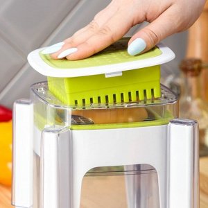 Овощерезка универсальная с контейнером Доляна Fresh Cook, 3 сменные насадки и пушер, 14.5x14.5x21 см, бело-зелёная