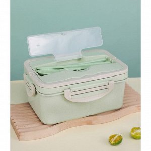 Ланч-бокс в школу TAKE IT EASY, 1.5 л, 3 секции, с приборами, 20?13?7 см, пшеничная солома, зеленый