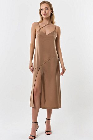 Платье-комбинация из струящейся ткани бежевое