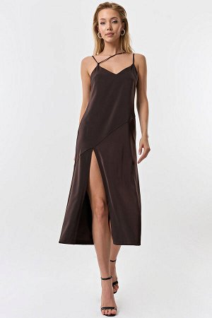 Платье-комбинация из струящейся ткани шоколадное