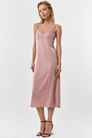Платье-комбинация миди в полоску пыльно-розовое