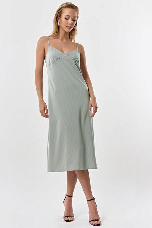 Платье-комбинация миди в полоску оливковое