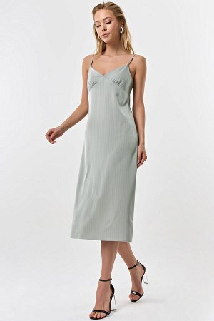 Платье-комбинация миди в полоску оливковое