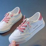 Кеды из экокожи для девочки, цвет белый + розовые шнурки и розовый блестящий задник
