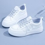 Женские кеды из экокожи + сетчатые вставки, цвет белый + серебристая надпись + серые шнурки