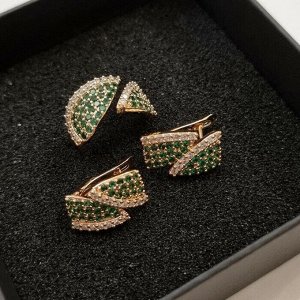 Шикарный комплект ювелирной бижутерии с позолотой, серьги с зелеными камнями, кольцо безразмерное, 43287, арт.947.127
