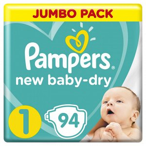 Памперс Подгузники  New Baby-Dry для новорожденных 2-5 кг, 1 размер, 94 шт,  Pampers