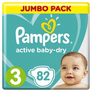 Подгузники Pampers Active Baby-Dry для малышей 6-10 кг, 3 размер, 82 шт