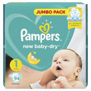 Памперс Подгузники  New Baby-Dry для новорожденных 2-5 кг, 1 размер, 94 шт,  Pampers