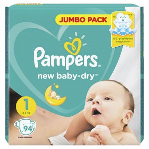 Подгузники Pampers New Baby-Dry для новорожденных 2-5 кг, 1 размер, 94 шт, Памперс