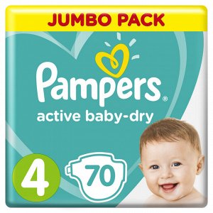 Памперс Подгузники  Active Baby-Dry для малышей 9-14 кг, 4 размер, 70 шт,  Pampers