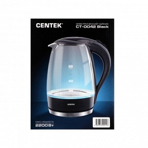 Чайник электрический Centek CT-0042, стекло, 1.8 л, 2200 Вт, подсветка, черный