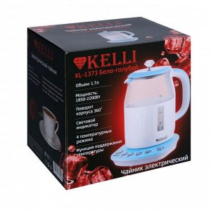 Чайник электрический KELLI KL-1373, стекло, 1.7 л, 2200 Вт, бело-голубой