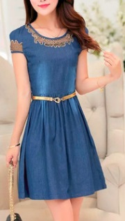 Джинсовое платье с короткими рукавами (БЕЗ ремешка) Цвет: ТЕМНО-СИНИЙ