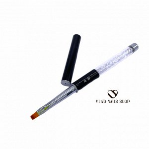 Кисть для геля  плоская черная ручка с белыми кристаллами №4