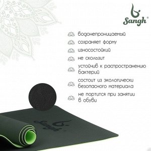 Коврик для йоги Sangh, нескользящий, 183x61x0.6 см, цвет тёмно-зелёный