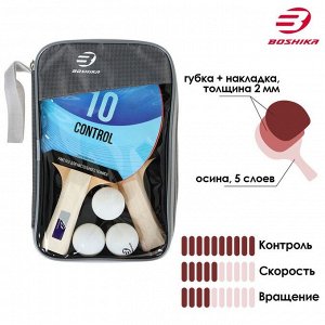 Набор для настольного тенниса BOSHIKA Control 10, 2 ракетки,3 мяча, губка 1,5 мм, коническая ручка