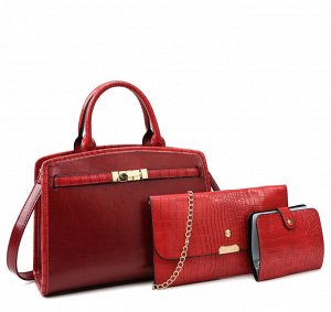 Женский комплект сумок "3 в 1" из эко кожи с металлической пряжкой, цвет красный