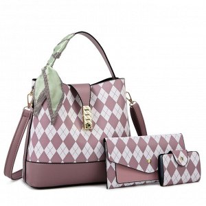 Женский комплект сумок "3 в 1" из эко кожи с принтом "ромб" и лентой, цвет принта белый, фиолетовый