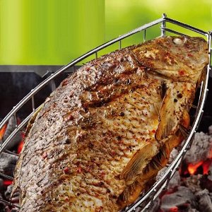 Решетка для мангала, гриля и барбекю, для рыбы, мяса, овощей, деревянная ручка "Grillux" 63x13см