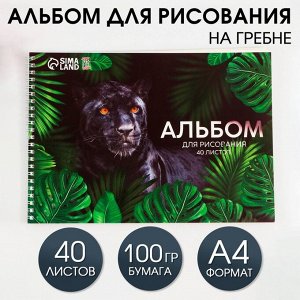 Альбом для рисования на гребне А4, 40 листов «Пантера» (обложка 200 г/м2, бумага 100 г/м2).