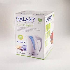 Чайник Galaxy GL 0203 (12шт) Чайник электрический 2200 Вт, объем 2л, скрытый нагревательный элемент, съемный фильтр, автоотключение при закипании и отсутствии воды, шкала уровня воды, внутренняя подсв