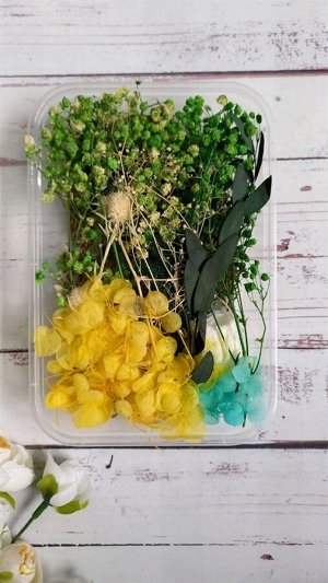 Набор сухоцветов для творчества  "цветочки" желтый/зеленый/голубой