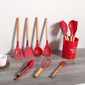 Набор кухонных принадлежностей из силикона с деревянной ручкой, с подставкой (красный). 11 предметов + подставка