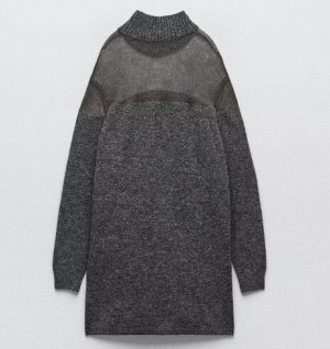ZARA / ТРИКОТАЖНЫЙ удлиненный СВИТЕР С ДЕТАЛЬЮ ИЗ ПОЛУПРОЗРАЧНОЙ ТКАНИ арт. 9598220 802, серый