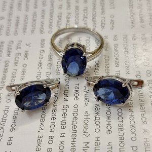 Комплект ювелирная бижутерия, серьги и кольцо посеребрение, камни цвет синий, р-р 17, 54168, арт.847.951