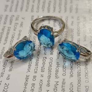 Комплект ювелирная бижутерия, серьги и кольцо посеребрение, камни цвет голубой, р-р 17, 54168, арт.847.942