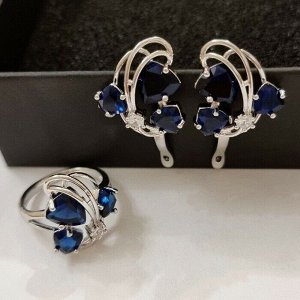 Комплект ювелирная бижутерия, серьги и кольцо посеребрение, камни цвет синий, р-р 19, 77221 арт.847.908