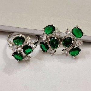 Комплект ювелирная бижутерия, серьги и кольцо посеребрение, камни зеленые, р-р 18, 57228 арт.847.881