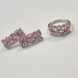 Комплект ювелирная бижутерия, серьги и кольцо посеребрение, прозрачно-розовые камни, р-р 19, 542809 арт.847.757