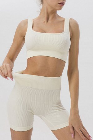 White 2pcs Solid Color Ribbed Knit Yoga Set