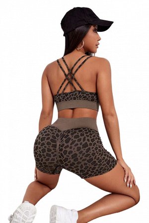 Leopard Criss Cross Strappy Bra and Shorts Set
